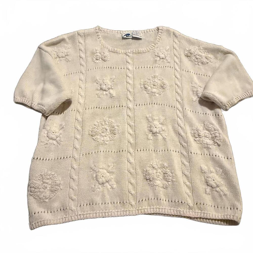Cottagecore Embroidered Knit Sweater Ramie Cotton Cream Ship’n Shore Womens M